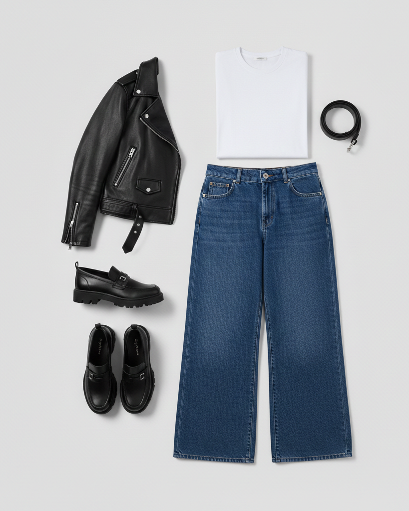 Composición de producto para tienda online: pantalón vaquero Wide Leg de pata ancha, camiseta blanca doblada, chaqueta biker de cuero negro, cinturón de piel enrollado y mocasines negros de suela track sobre fondo gris neutro.