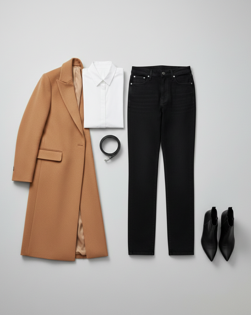 Bodegón flat lay de moda minimalista: pantalón vaquero recto negro, camisa blanca impecable, abrigo largo camel, botines negros de punta y cinturón fino. Todo organizado sobre un fondo gris suave.