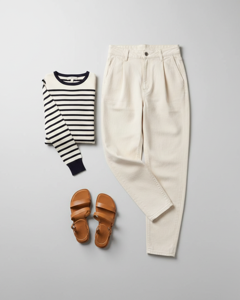 Bodegón de moda estilo flat lay: vaquero Slouchy color crema con detalle de pinzas, jersey marinero de rayas azul y blanco y sandalias de cuero marrón sobre fondo gris claro neutro.