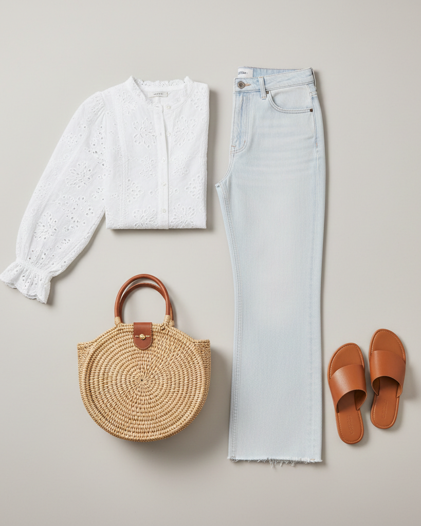 Outfit bohemio en plano: pantalón Palazzo denim claro, blusa blanca de bordado suizo, sandalias tipo pala color cuero y capazo redondo de rafia sobre fondo neutro.