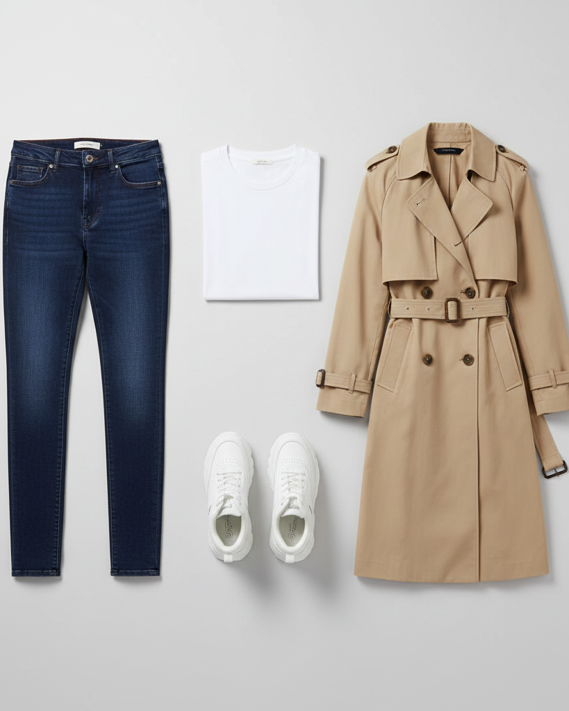 Bodegón de moda: vaquero Push Up azul índigo de cuerpo entero, camiseta blanca de algodón, gabardina beige clásica y deportivas blancas sobre fondo gris neutro.