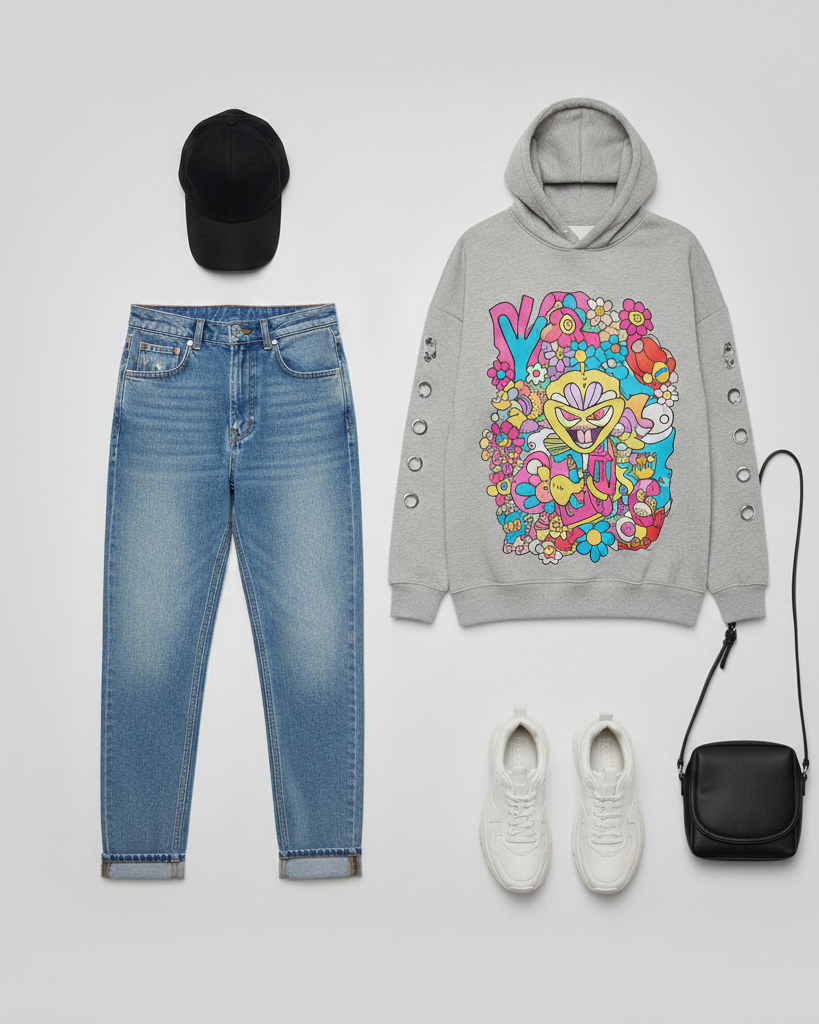 Outfit urbano compuesto por vaqueros estilo boyfriend, sudadera gris con dibujo artístico vibrante, gorra de béisbol negra, zapatillas blancas y bolso bandolera pequeño.