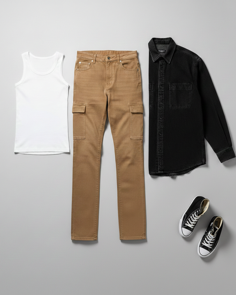 Fotografía de catálogo en plano sobre fondo gris: pantalón cargo denim color camel, camisa negra de manga larga, top blanco básico de tirantes y zapatillas de lona negras