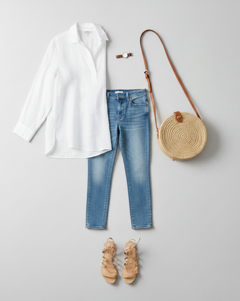 Fotografía de prenda plana sin distracciones de vaquero cropped, blusa de lino, sandalias de tiras y bolso de mimbre.