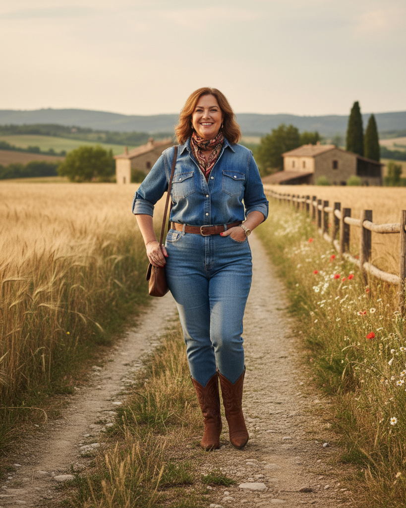 Mujer de 65 años de talla curvy con mono vaquero, botas camperas y pañuelo de seda apoyada en una valla de madera en un entorno rural.