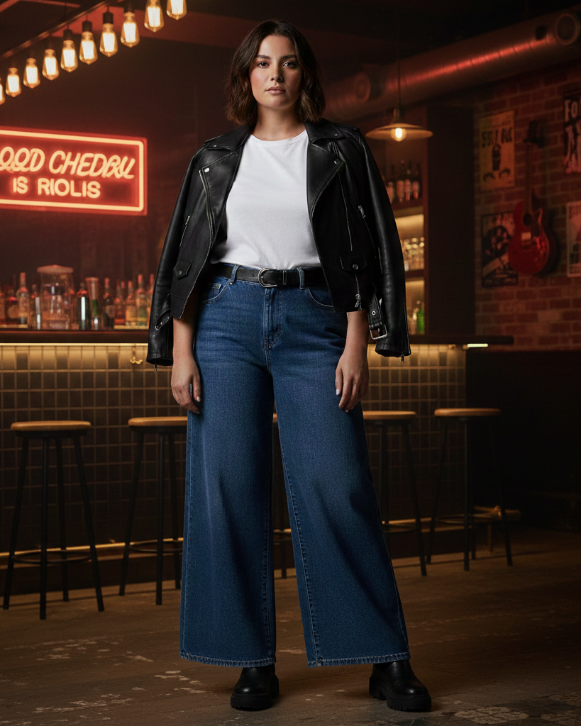 Modelo con cuerpo real luciendo un outfit nocturno en un bar de ambiente rockero. Viste vaqueros talle alto estilo Wide Leg en azul medio, camiseta blanca básica por dentro y chaqueta biker de cuero negro sobre los hombros. Look moderno y sofisticado para mujer.