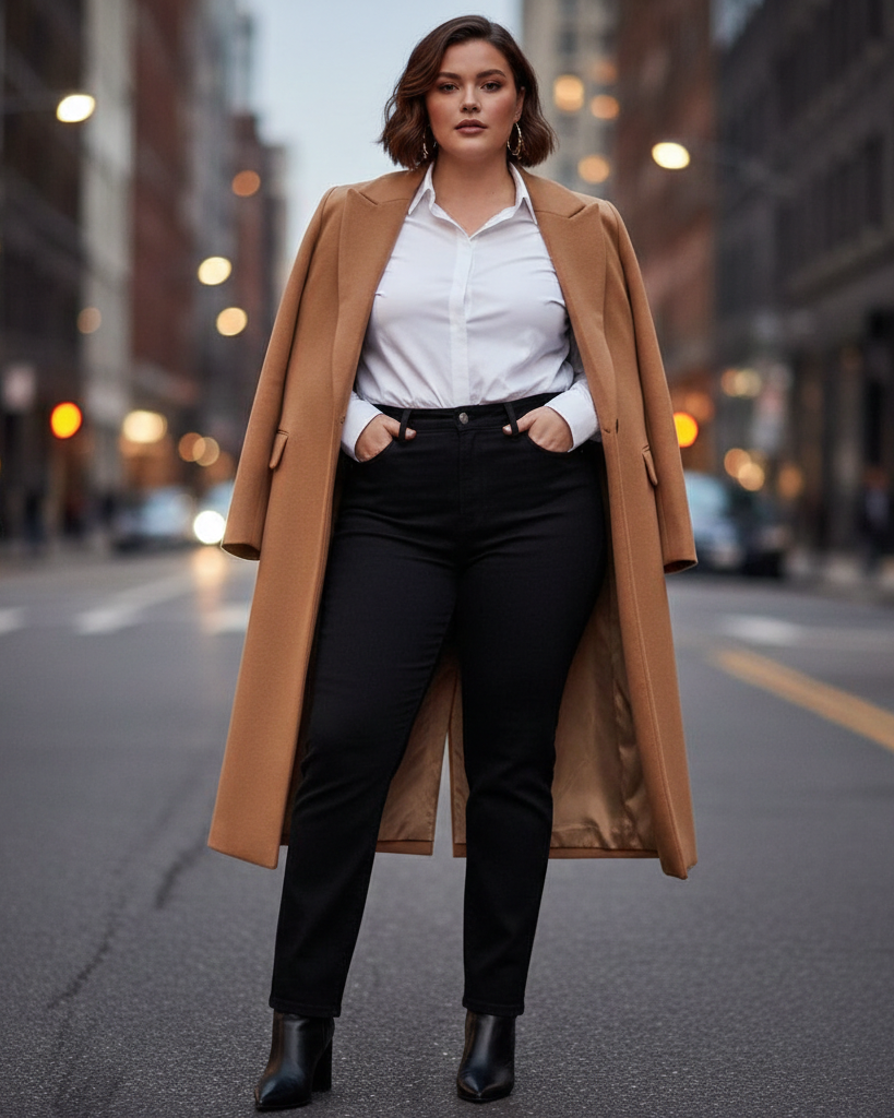 Modelo con cuerpo mid-size posando en una calle elegante con un look de lujo silencioso. Lleva vaqueros negros de corte recto (Straight Leg), camisa blanca clásica y abrigo largo estructurado en color camel sobre los hombros. Botines de punta fina.