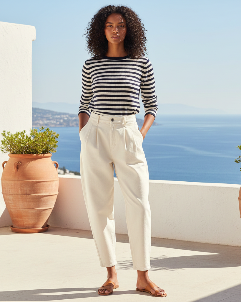 Modelo de talla 38 con rasgos caribeños en una terraza mediterránea. Viste un pantalón vaquero Slouchy de talle alto en color crudo con pinzas marcadas, jersey de punto fino a rayas marineras y sandalias de piel en tono cuero.
