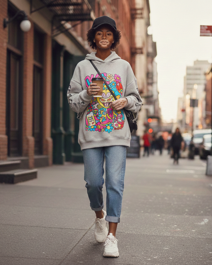 Joven con vitiligo paseando por una calle de estilo neoyorquino con vaqueros relaxed de lavado medio, sudadera gris con estampado gráfico colorido, gorra negra y un café en la mano.