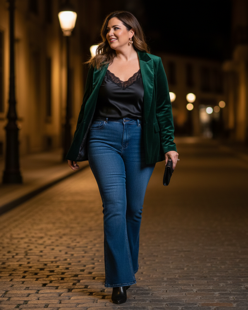 Mujer de talla media con look de noche elegante vistiendo vaqueros flare azul medio, top lencero negro y blazer de terciopelo verde esmeralda.