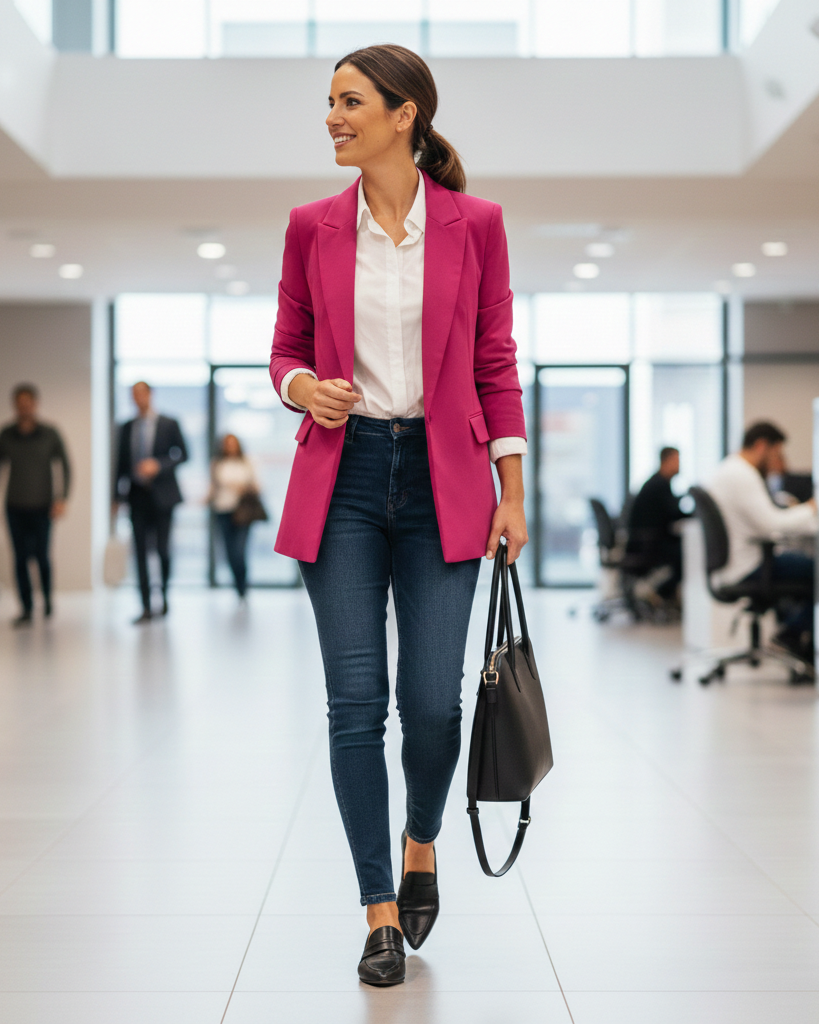 Mujer con look de oficina llevando vaqueros skinny oscuros y blazer fucsia vibrante