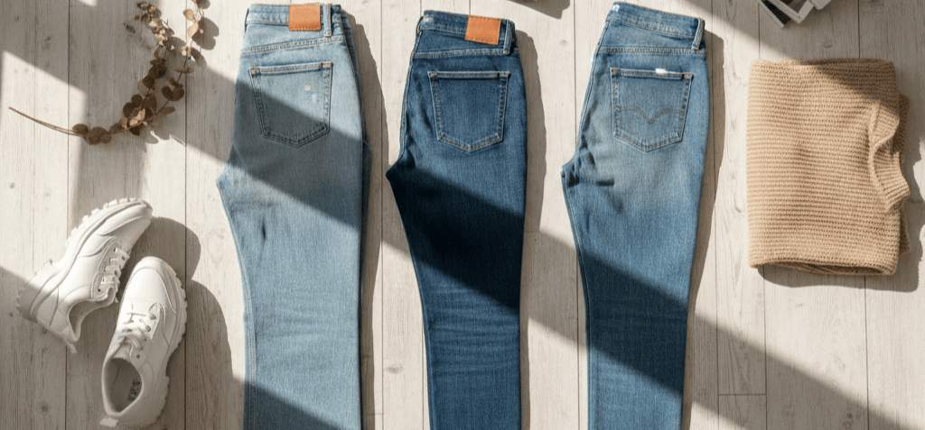 Tendencias de vaqueros para mujer tallas 34 a 56 en prenda plana con accesorios de moda