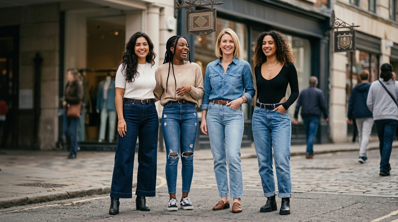 Mujeres con diferentes estilos de tejanos de la tienda DTejanos en un entorno urbano.
